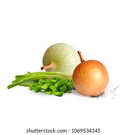 Fresh, nutritious, tasty onion. Green onion. Vector illustration. Vegetables ingredients in triangulation technique. Onion low poly.