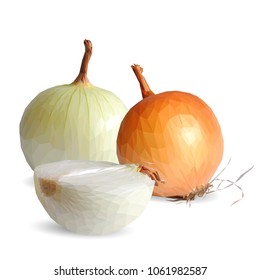 Fresh, nutritious, tasty onion. Vector illustration. Vegetables ingredients in triangulation technique. Onion low poly.