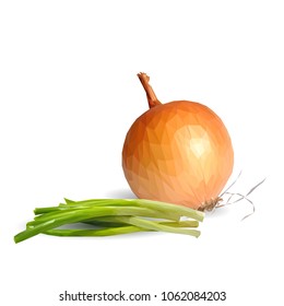 Fresh, nutritious, tasty onion. Vector illustration. Vegetables ingredients in triangulation technique. Onion low poly.