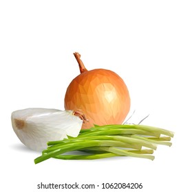 Fresh, nutritious, tasty onion. Vector illustration. Vegetables ingredients in triangulation technique. Onion low poly.