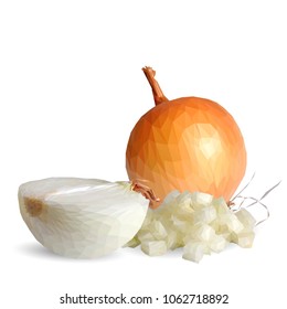 Fresh, nutritious, tasty onion. Vector illustration. Vegetables ingredients in triangulation technique. Onion low poly.