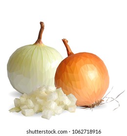 Fresh, nutritious, tasty onion. Vector illustration. Vegetables ingredients in triangulation technique. Onion low poly.
