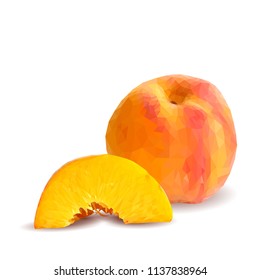 Fresh, nutritious, tasty peach. Delicious and healthy dessert. Elements for label design. Vector illustration. Fruits ingredients in triangulation technique. Peach low poly. 