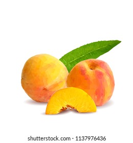 Fresh, nutritious, tasty peach. Delicious and healthy dessert. Elements for label design. Vector illustration. Fruits ingredients in triangulation technique. Peach low poly. 