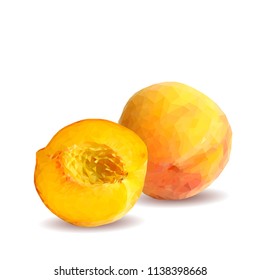 Fresh, nutritious, tasty peach. Delicious and healthy dessert. Elements for label design. Vector illustration. Fruits ingredients in triangulation technique. Peach low poly. 