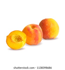 Fresh, nutritious, tasty peach. Delicious and healthy dessert. Elements for label design. Vector illustration. Fruits ingredients in triangulation technique. Peach low poly. 