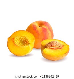 Fresh, nutritious, tasty peach. Delicious and healthy dessert. Elements for label design. Vector illustration. Fruits ingredients in triangulation technique. Peach low poly. 