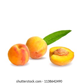 Fresh, nutritious, tasty peach. Delicious and healthy dessert. Elements for label design. Vector illustration. Fruits ingredients in triangulation technique. Peach low poly. 