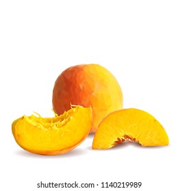 Fresh, nutritious, tasty peach. Delicious and healthy dessert. Elements for label design. Vector illustration. Fruits ingredients in triangulation technique. Peach low poly. 