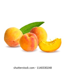 Fresh, nutritious, tasty peach. Delicious and healthy dessert. Elements for label design. Vector illustration. Fruits ingredients in triangulation technique. Peach low poly. 