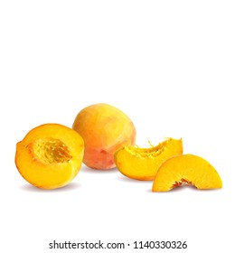 Fresh, nutritious, tasty peach. Delicious and healthy dessert. Elements for label design. Vector illustration. Fruits ingredients in triangulation technique. Peach low poly. 