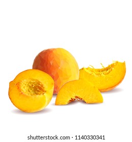 Fresh, nutritious, tasty peach. Delicious and healthy dessert. Elements for label design. Vector illustration. Fruits ingredients in triangulation technique. Peach low poly. 