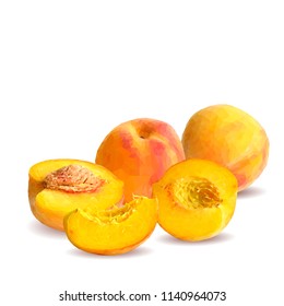 Fresh, nutritious, tasty peach. Delicious and healthy dessert. Elements for label design. Vector illustration. Fruits ingredients in triangulation technique. Peach low poly. 