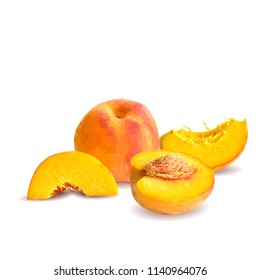 Fresh, nutritious, tasty peach. Delicious and healthy dessert. Elements for label design. Vector illustration. Fruits ingredients in triangulation technique. Peach low poly. 
