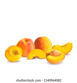 Fresh, nutritious, tasty peach. Delicious and healthy dessert. Elements for label design. Vector illustration. Fruits ingredients in triangulation technique. Peach low poly. 