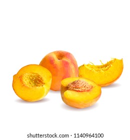Fresh, nutritious, tasty peach. Delicious and healthy dessert. Elements for label design. Vector illustration. Fruits ingredients in triangulation technique. Peach low poly. 