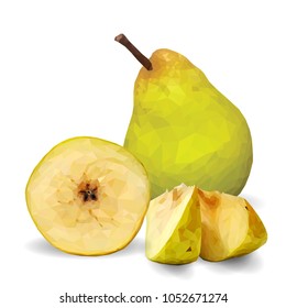 Fresh, nutritious and tasty pear. Symbols of fruits. Elements for label design. Vector illustration. Fruits ingredients in triangulation technique. Pear low poly.