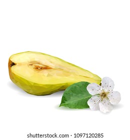 Fresh, nutritious and tasty pears. Bloom of pear. Symbols of fruits. Elements for label design. Vector illustration. Fruits ingredients in triangulation technique. Pears low poly.