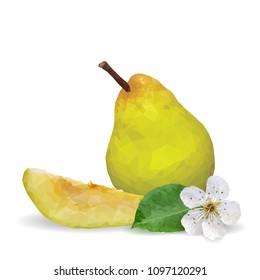 Fresh, nutritious and tasty pears. Bloom of pear. Symbols of fruits. Elements for label design. Vector illustration. Fruits ingredients in triangulation technique. Pears low poly.
