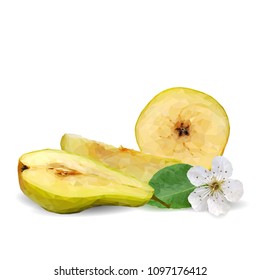 Fresh, nutritious and tasty pears. Bloom of pear. Symbols of fruits. Elements for label design. Vector illustration. Fruits ingredients in triangulation technique. Pears low poly.