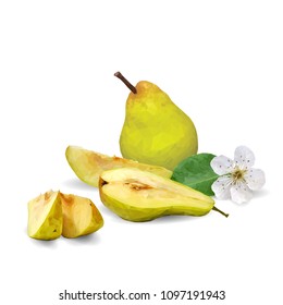 Fresh, nutritious and tasty pears. Bloom of pear. Symbols of fruits. Elements for label design. Vector illustration. Fruits ingredients in triangulation technique. Pears low poly.