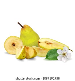 Fresh, nutritious and tasty pears. Bloom of pear. Symbols of fruits. Elements for label design. Vector illustration. Fruits ingredients in triangulation technique. Pears low poly.