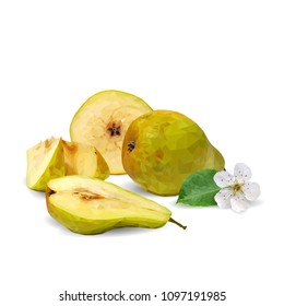 Fresh, nutritious and tasty pears. Bloom of pear. Symbols of fruits. Elements for label design. Vector illustration. Fruits ingredients in triangulation technique. Pears low poly.