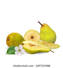 Fresh, nutritious and tasty pears. Bloom of pear. Symbols of fruits. Elements for label design. Vector illustration. Fruits ingredients in triangulation technique. Pears low poly.