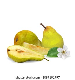 Fresh, nutritious and tasty pears. Bloom of pear. Symbols of fruits. Elements for label design. Vector illustration. Fruits ingredients in triangulation technique. Pears low poly.