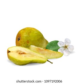 Fresh, nutritious and tasty pears. Bloom of pear. Symbols of fruits. Elements for label design. Vector illustration. Fruits ingredients in triangulation technique. Pears low poly.
