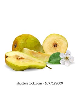 Fresh, nutritious and tasty pears. Bloom of pear. Symbols of fruits. Elements for label design. Vector illustration. Fruits ingredients in triangulation technique. Pears low poly.