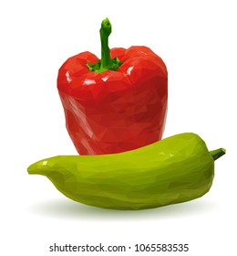 Fresh, nutritious, tasty red and green pepper. Vector illustration. Vegetables ingredients in triangulation technique. Pepper low poly.