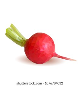 Fresh, nutritious, tasty red radish. Vector illustration. Vegetables ingredients in triangulation technique. Radish low poly.
