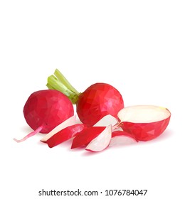 Fresh, nutritious, tasty red radish. Vector illustration. Vegetables ingredients in triangulation technique. Radish low poly.