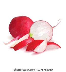 Fresh, nutritious, tasty red radish. Vector illustration. Vegetables ingredients in triangulation technique. Radish low poly.