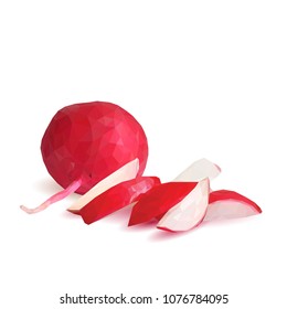 Fresh, nutritious, tasty red radish. Vector illustration. Vegetables ingredients in triangulation technique. Radish low poly.