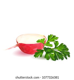 Fresh, nutritious, tasty red radish  with herbs. Vector illustration. Vegetables ingredients in triangulation technique. Radish low poly.