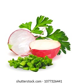 Fresh, nutritious, tasty red radish  with herbs. Vector illustration. Vegetables ingredients in triangulation technique. Radish low poly.
