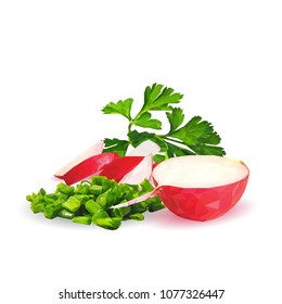 Fresh, nutritious, tasty red radish  with herbs. Vector illustration. Vegetables ingredients in triangulation technique. Radish low poly.