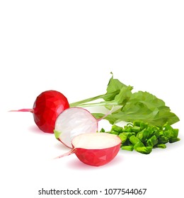 Fresh, nutritious, tasty red radish  with herbs. Vector illustration. Vegetables ingredients in triangulation technique. Radish low poly.