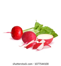 Fresh, nutritious, tasty red radish  with herbs. Vector illustration. Vegetables ingredients in triangulation technique. Radish low poly.