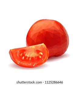 Fresh, nutritious, tasty red tomatoes. Delicious and healthy lunch. Vector illustration. Vegetables ingredients in triangulation technique. Tomato low poly. Cutting vegetable.