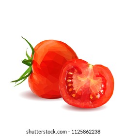 Fresh, nutritious, tasty red tomatoes. Delicious and healthy lunch. Vector illustration. Vegetables ingredients in triangulation technique. Tomato low poly. Cutting vegetable.