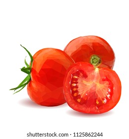 Fresh, nutritious, tasty red tomatoes. Delicious and healthy lunch. Vector illustration. Vegetables ingredients in triangulation technique. Tomato low poly. Cutting vegetable.