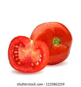 Fresh, nutritious, tasty red tomatoes. Delicious and healthy lunch. Vector illustration. Vegetables ingredients in triangulation technique. Tomato low poly. Cutting vegetable.
