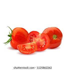 Fresh, nutritious, tasty red tomatoes. Delicious and healthy lunch. Vector illustration. Vegetables ingredients in triangulation technique. Tomato low poly. Cutting vegetable.