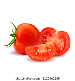 Fresh, nutritious, tasty red tomatoes. Delicious and healthy lunch. Vector illustration. Vegetables ingredients in triangulation technique. Tomato low poly. Cutting vegetable.