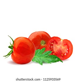 Fresh, nutritious, tasty red tomatoes. Delicious and healthy lunch. Vector illustration. Vegetables ingredients in triangulation technique. Tomato low poly. Cutting vegetable.