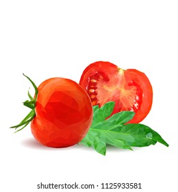 Fresh, nutritious, tasty red tomatoes. Delicious and healthy lunch. Vector illustration. Vegetables ingredients in triangulation technique. Tomato low poly. Cutting vegetable.