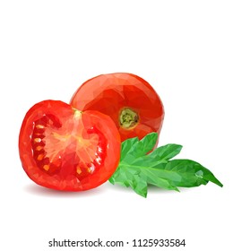 Fresh, nutritious, tasty red tomatoes. Delicious and healthy lunch. Vector illustration. Vegetables ingredients in triangulation technique. Tomato low poly. Cutting vegetable.